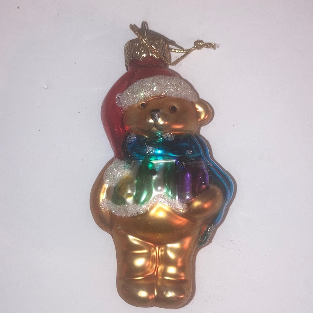 Vintage Thomas Pacconi Gold Teddy Bear Holiday Ornament with Multicolor Scarf